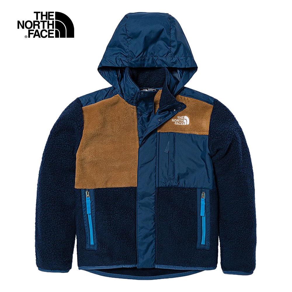 The North Face北面兒童藍棕拼接保暖可收納連帽抓絨外套｜7WOT8K2