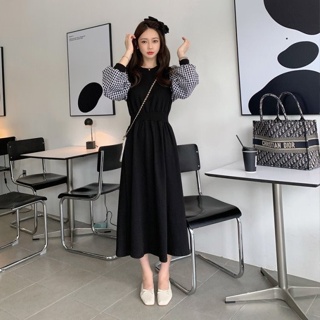 【白鳥麗子】韓國製 復古格紋收腰抓皺高腰公主袖洋裝