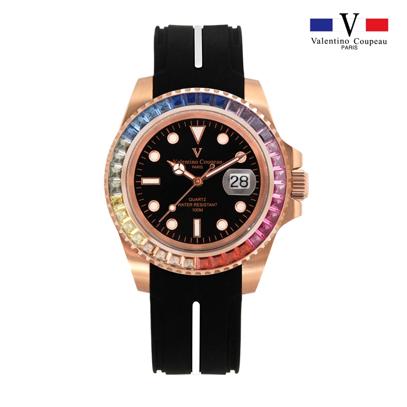 【范倫鐵諾 Valentino Coupeau】T61589ABR 玫瑰金彩虹梯鑽圈經典潛水錶