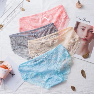 【YOYO精品屋】現貨❣️網紗透氣女士內褲性感半透明提花 蝴蝶結鏤空蕾絲中腰三角褲
