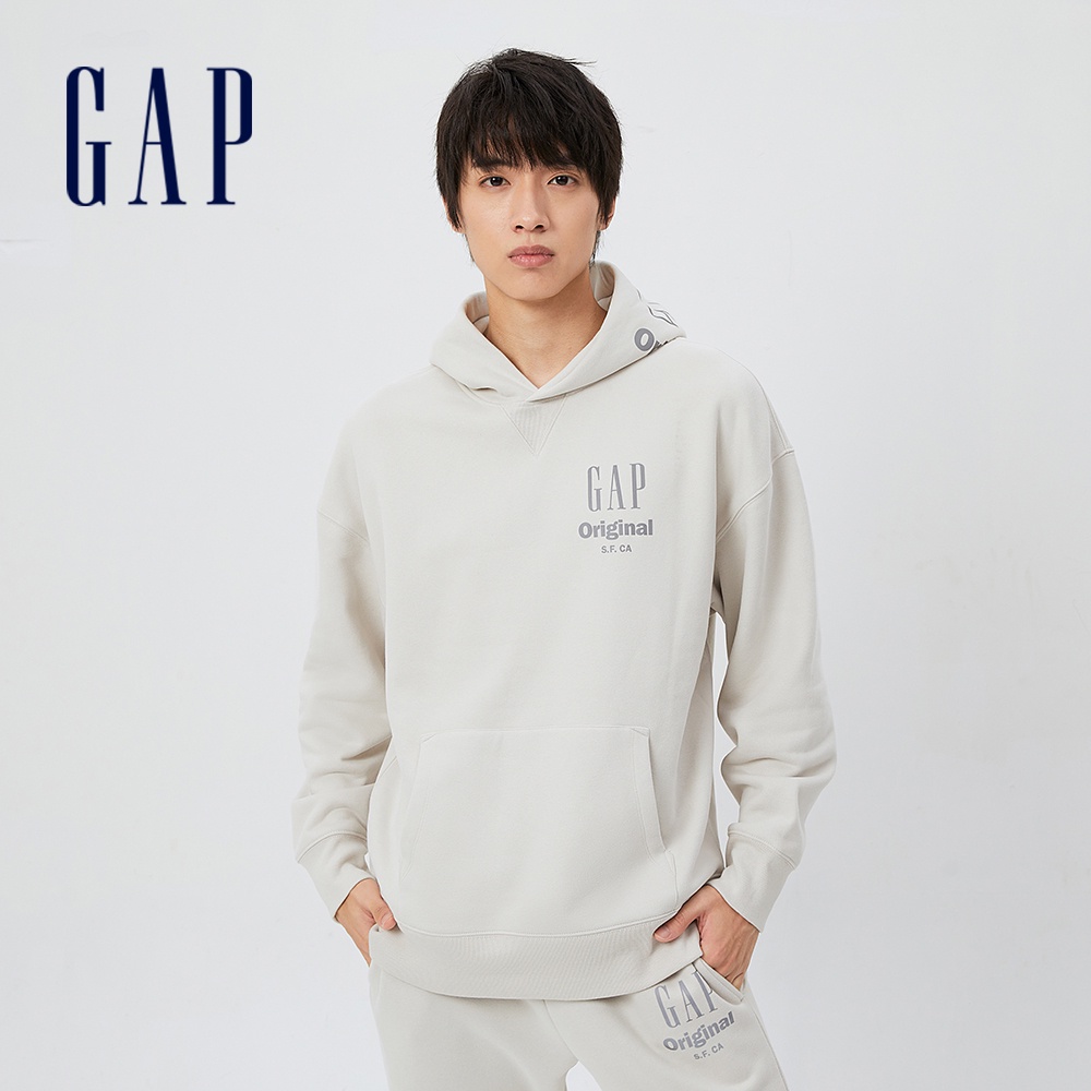 Gap 男裝 Logo爍光寬鬆帽T 碳素軟磨系列-灰白色(448316)