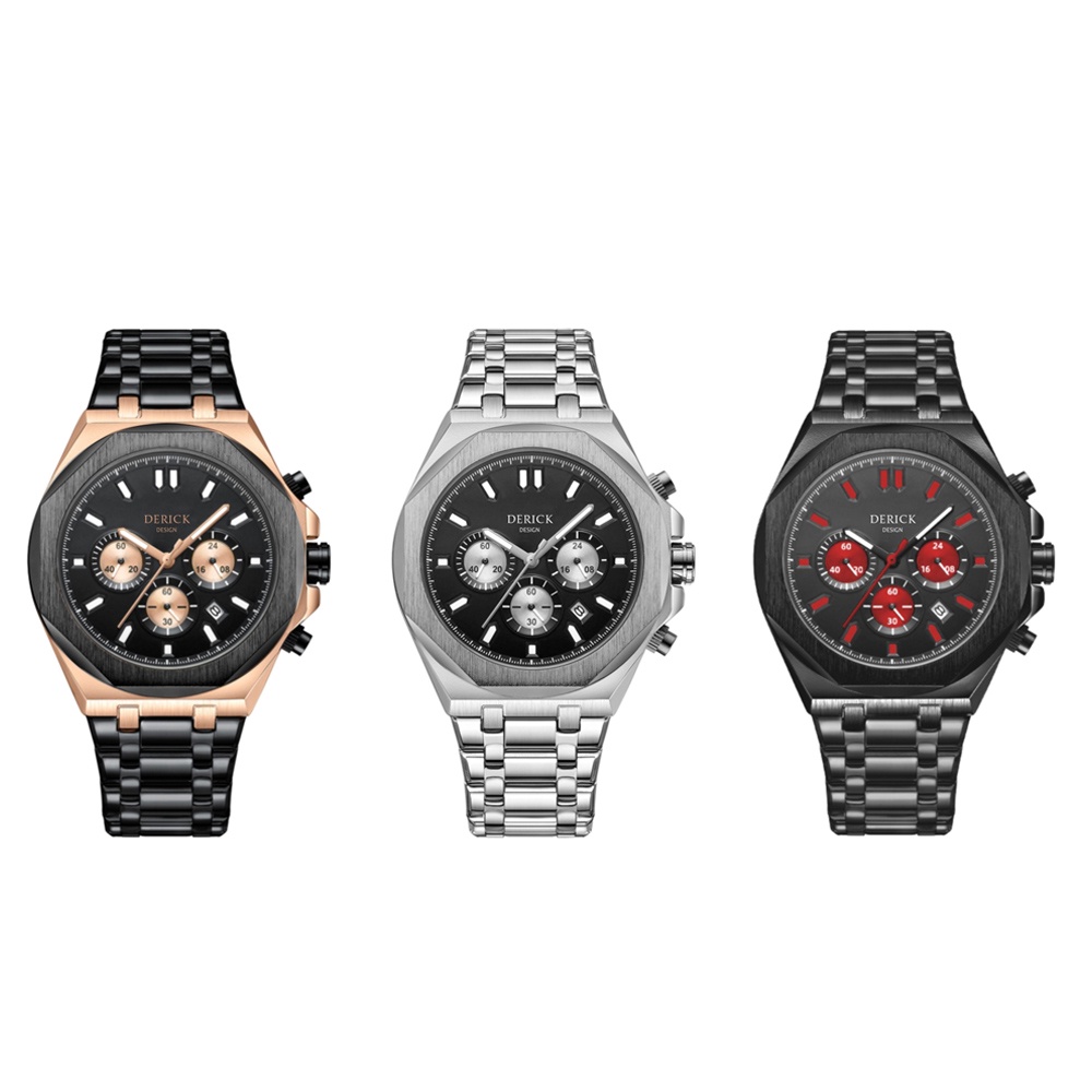 Derick 德理克 男手錶 八角款 日曆手錶 指針式  石英錶 金屬錶款 三眼計時  鋼帶 鋼帶錶 商務錶