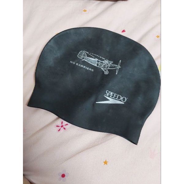 👣SPEEDO成人矽膠泳帽。黑色霧面復古飛機圖案