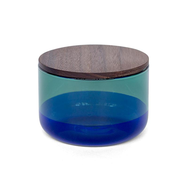 日本 AMABRO 雙色玻璃儲物罐附胡桃木蓋/ S/ 藍x綠 eslite誠品