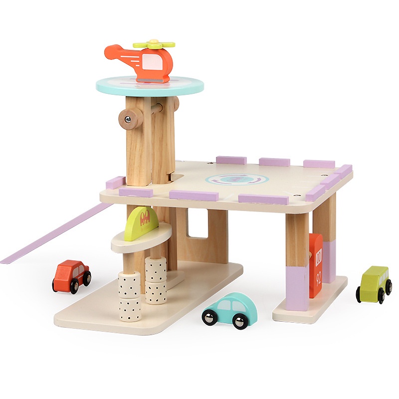兒童早教組裝仿真停車場 加油站汽車積木 思維邏輯顏色玩具 認知搭建木製玩具
