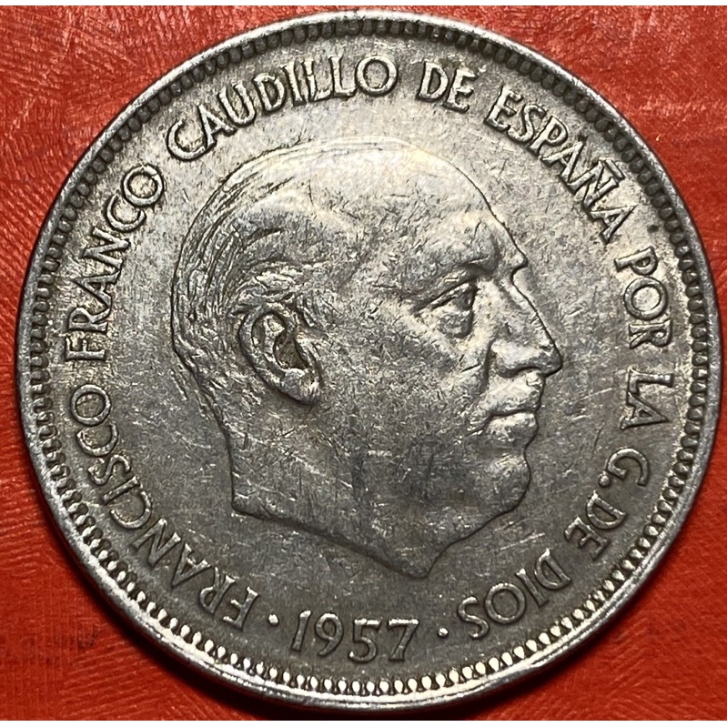 歐洲錢幣、西班牙🇪🇸流通硬幣一枚（舊）、（F0191）、25比塞塔（26.6mm)、銅鎳（8.6g)、1957年。