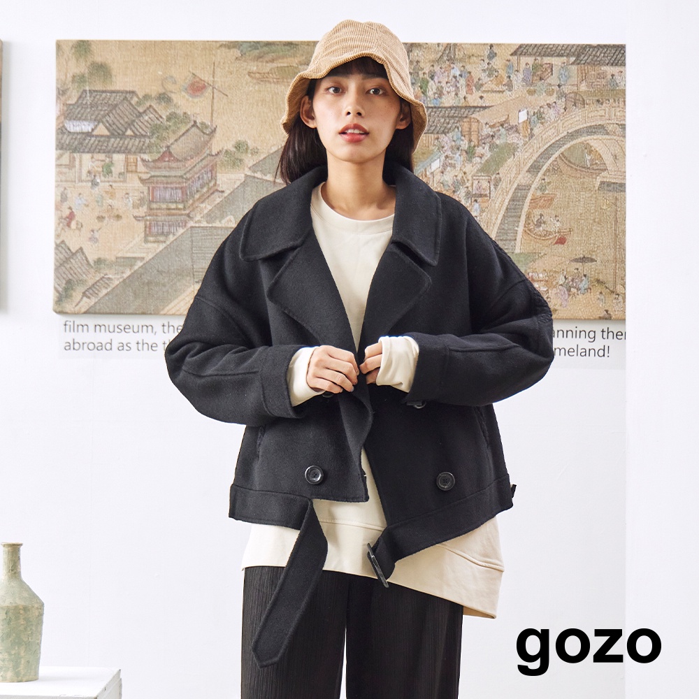 【gozo】拼接羊毛毛呢短外套(黑色_F)｜女裝 顯瘦 保暖