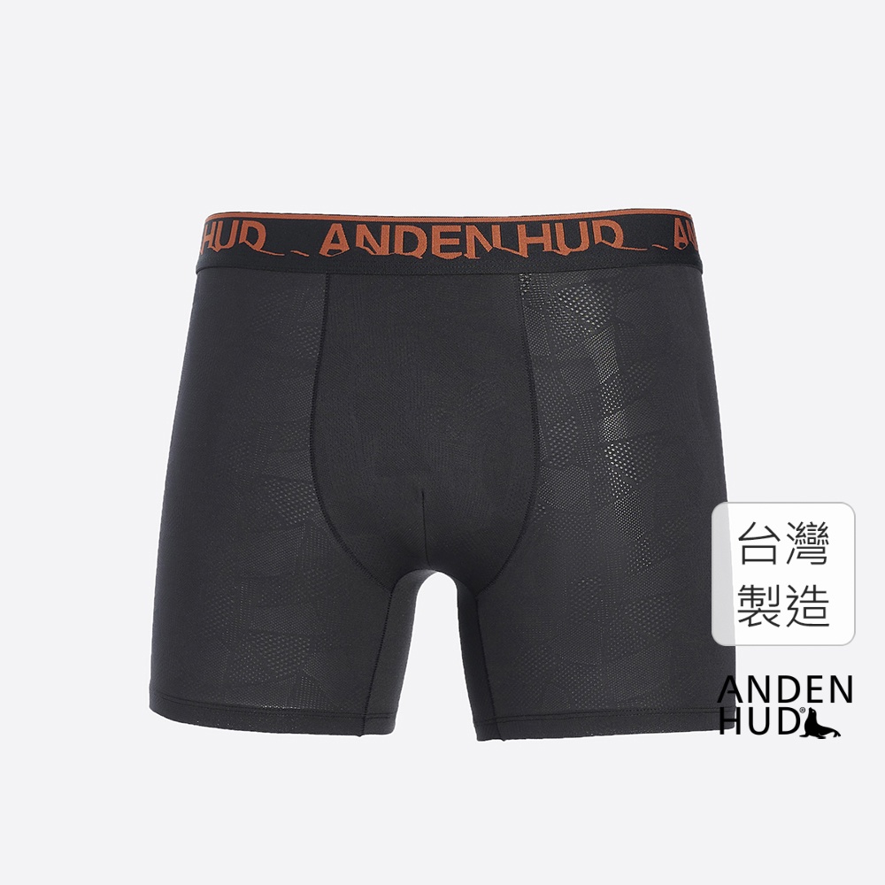 【Anden Hud】男款_吸濕排汗機能系列．緹花長版平口內褲(黑-橘山形緊帶) 台灣製