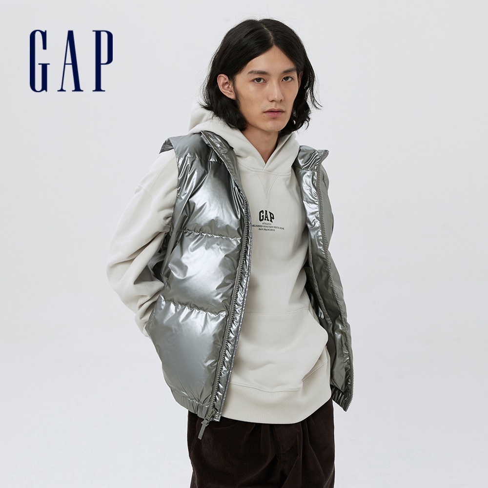Gap 男女同款 Logo立領外搭羽絨背心 大絨朵羽絨系列-銀灰色(884509)