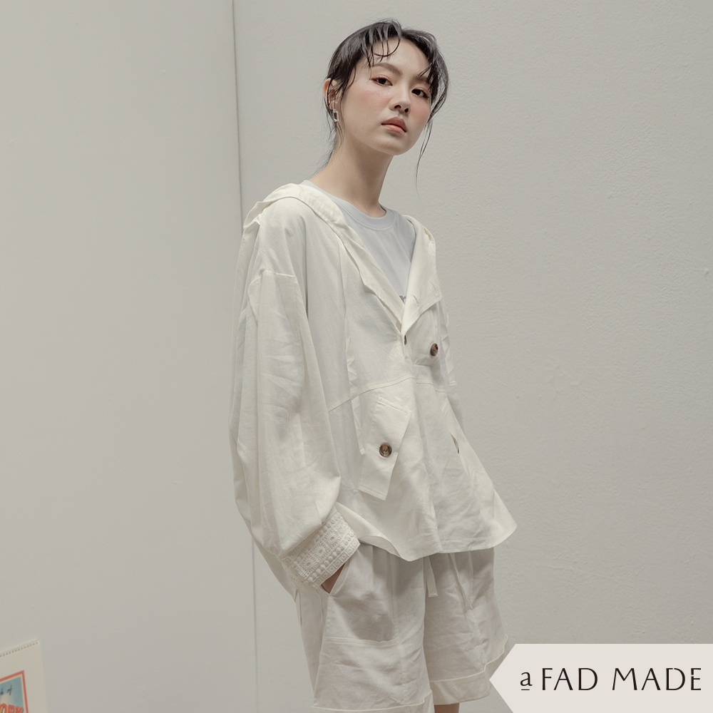 AFAD MADE-花邊裝飾麻棉質連帽長袖上衣【21010082】