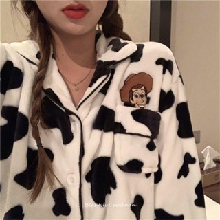 冬季居家服 毛毛睡衣 刷毛 家居服 刷毛 秋冬法蘭絨睡衣女冬季保暖加絨加厚可愛奶牛珊瑚絨開衫家居服套裝