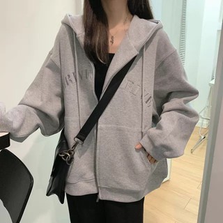 薄款連帽大學T女秋季2024新款小個子百搭寬鬆BF風外套長袖上衣ins