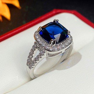 純銀氣質優雅藍色立方氧化鋯結婚戒指女士 Bling Bling 新設計女士戒指派對時尚首飾