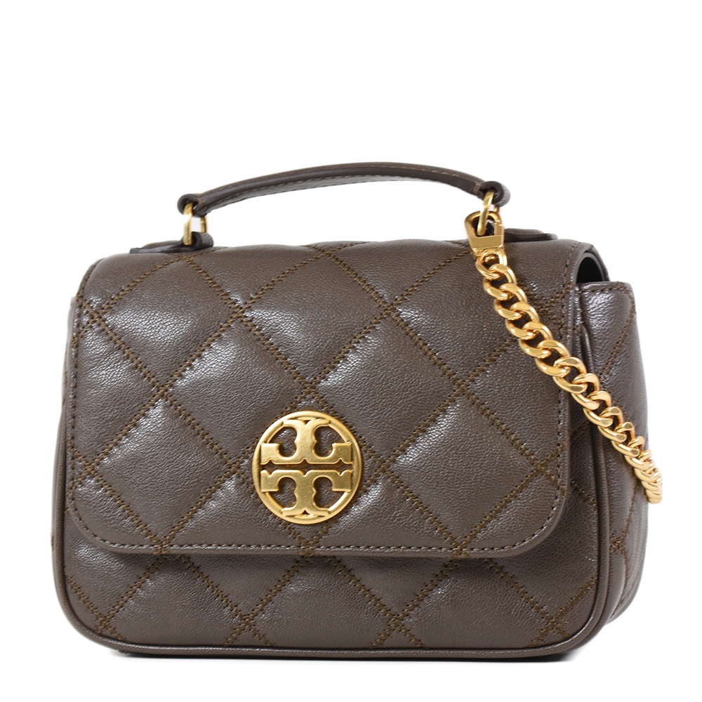 TORY BURCH WILLA 菱格紋手提/斜背二用包-可可色/迷你款 【美國正品 現貨】