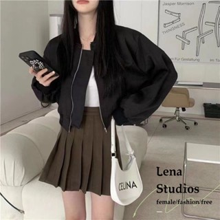 【LenaStudios】潮流韓版嘻哈原宿美式短版飛行外套雙層帶內裡 寬鬆夾克少女風衣外套