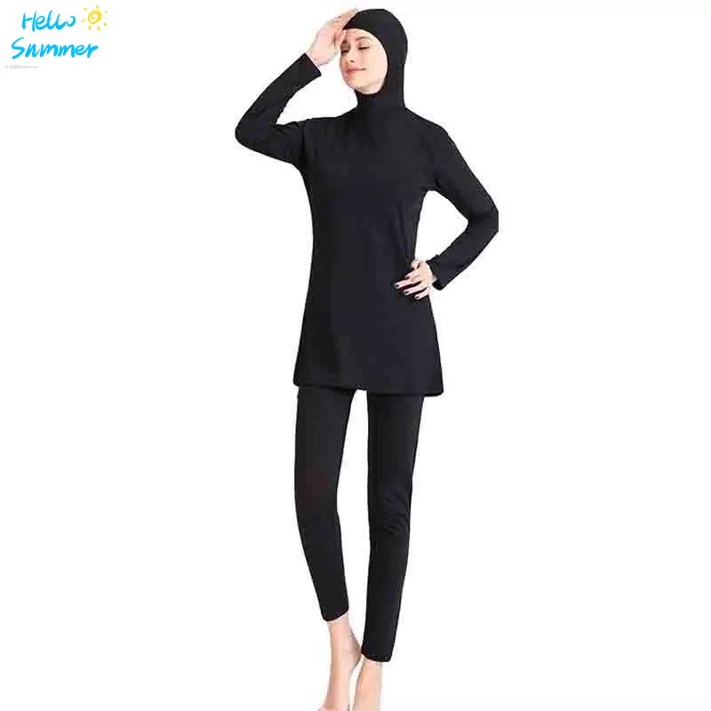 S-5xl 黑色穆斯林泳裝女士蓋頭全罩游泳衣長袖分體游泳服