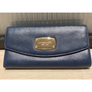 全新 << MICHAEL KORS 長夾 >> MK 金色LOGO 藍色皮革(荔枝皮)長夾