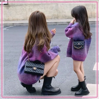 ✨小不點兒✨中長款2022年新款秋冬季超好看漸變紫色毛衣設計感小眾溫柔風上衣(90cm-140cm)