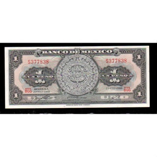 【低價外鈔】墨西哥1967-70年1PESO紙鈔 紙鈔一枚 阿茲提克曆法圖案 絕版少見~(95~98新)