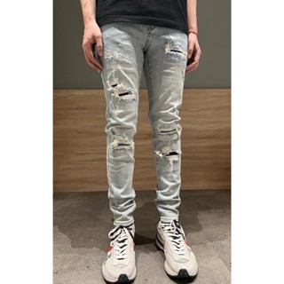 淺藍 質感 高磅彈力 極窄版 彈性超好 刷破 補丁 破壞 小腳 極窄 合身窄版 補丁破壞牛仔褲 歐美潮流 韓款 韓國製