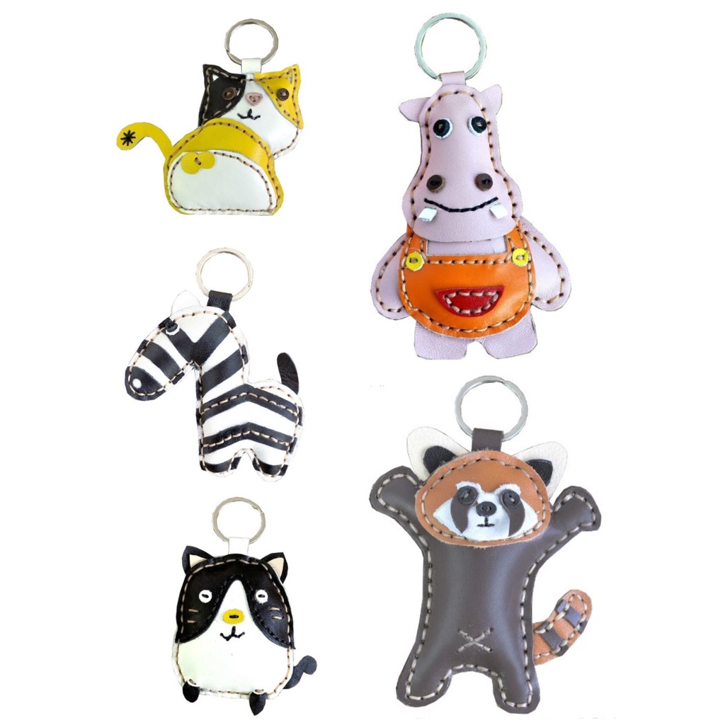 【現貨-日本PISM】皮革玩偶鑰匙圈  皮革手工製作 河馬 斑馬 賓士貓 三色貓 波士頓犬