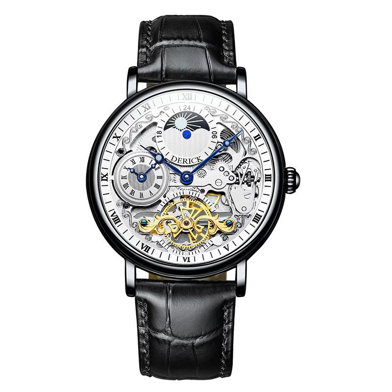 Derick 德理克 男手錶  日月星辰 指針式 機械錶 金屬錶款 鏤空機械 羅馬刻度 自動上鍊 皮帶錶