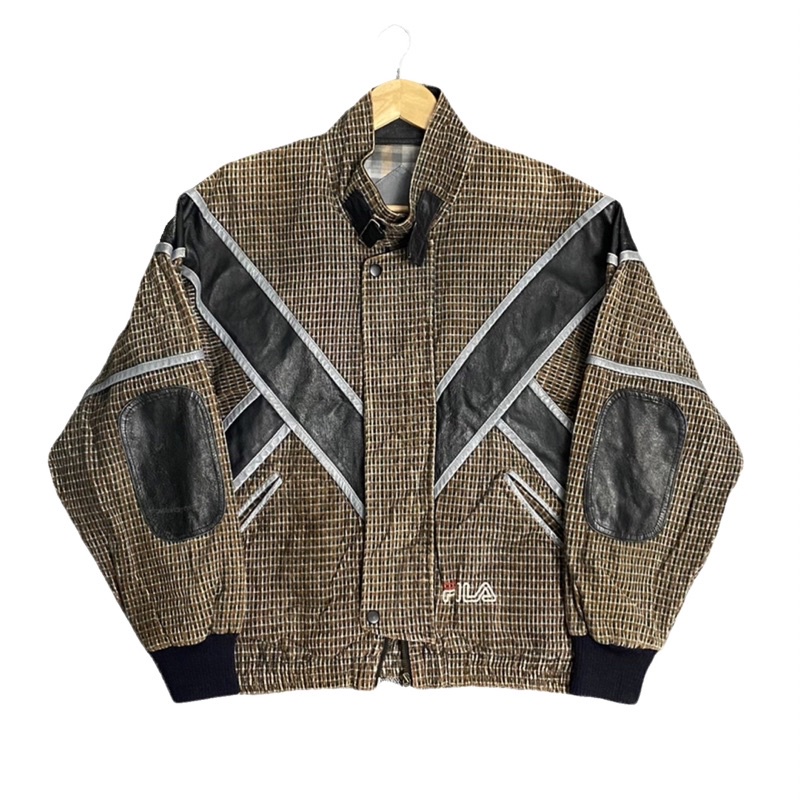 《 福星Flexing✨》Fila 義大利製 皮革 格紋 絨布 羊毛 刺繡 拼接 拼布 外套 夾克 古著 古着 二手