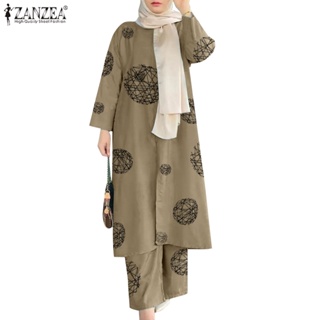Zanzea 女士穆斯林日常休閒印花套裝後下擺開叉寬鬆上衣 + 彈性腰口袋長褲