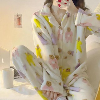 [現貨]韓版isn熊熊睡衣女秋冬珊瑚絨加厚加絨甜美可愛法蘭絨冬天小熊居家服套裝