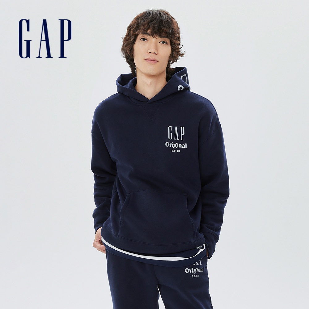 Gap 男裝 Logo爍光寬鬆帽T 碳素軟磨系列-藏藍色(448316)