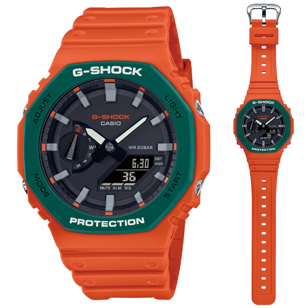 【CASIO 卡西歐】G-SHOCK 大膽對比雙色錶圈八角形雙顯錶-橘綠(GA-2110SC-4A 世界時間)