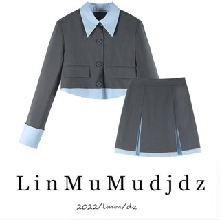 觀霧2022小眾高階感撞色兩件套女春鞦季新款法式炸街西裝外套短裙套裝韓版鞦鼕內搭短洋裝收腰長袖洋裝顯瘦泡泡袖連身裙
