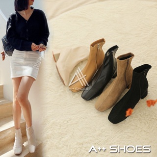 A++👢美拉德風格短靴 小方頭 後拉鍊短靴踝靴 粗跟 韓國靴 簡約 切爾西靴 小短靴 ~ 正常