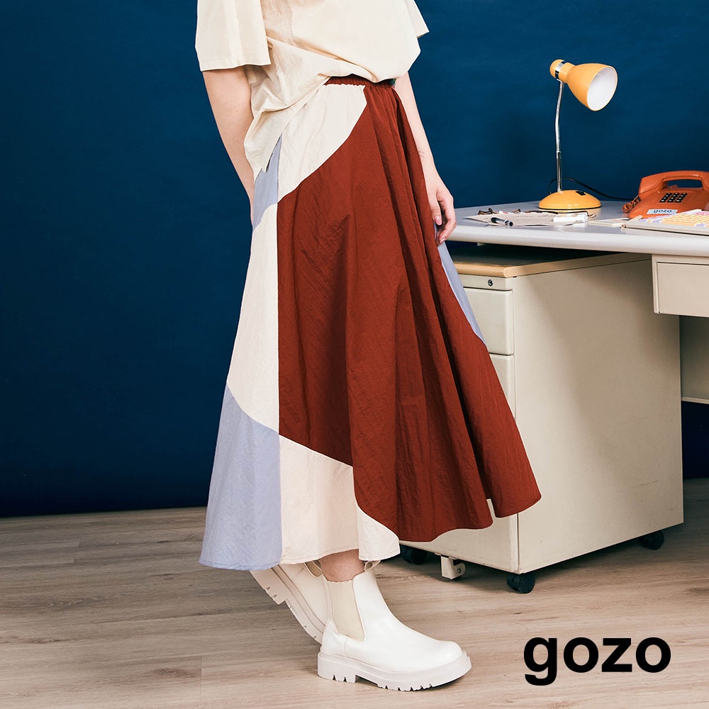 【gozo】防水弧形剪接拼色裙(深紅/深藍_F)｜女裝 顯瘦 休閒