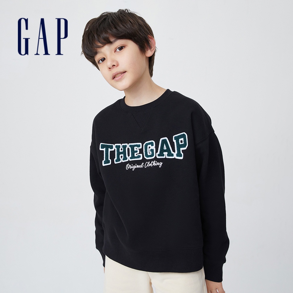 Gap 男童裝 Logo刷毛大學T 碳素軟磨系列-黑色(446265)