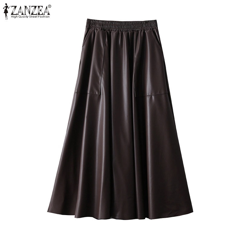 Zanzea 女士 Elasitc 腰側袋 A 字型皮革復古中長半身裙