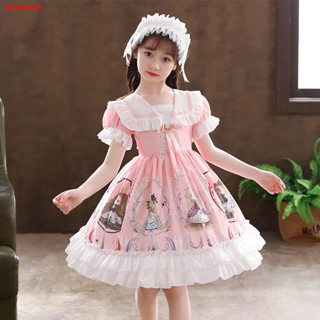 ❏℗夏季粉色女現貨韓版短袖雪紡禮服公主童裙洛麗塔印花女孩連衣裙子