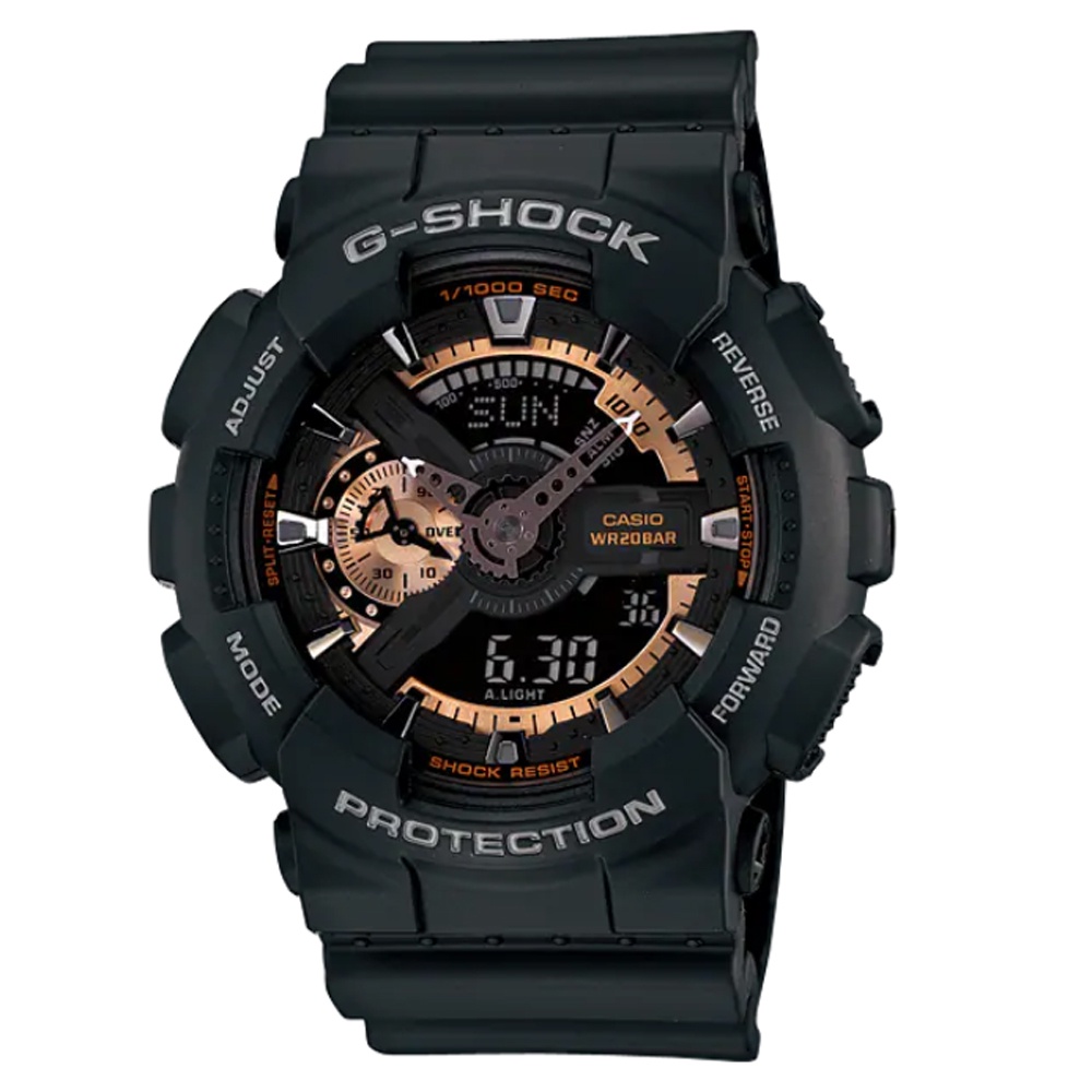 【CASIO 卡西歐】G-SHOCK 玫瑰金點綴內錶盤運動雙顯錶(GA-110RG-1A 世界時間 情侶錶)