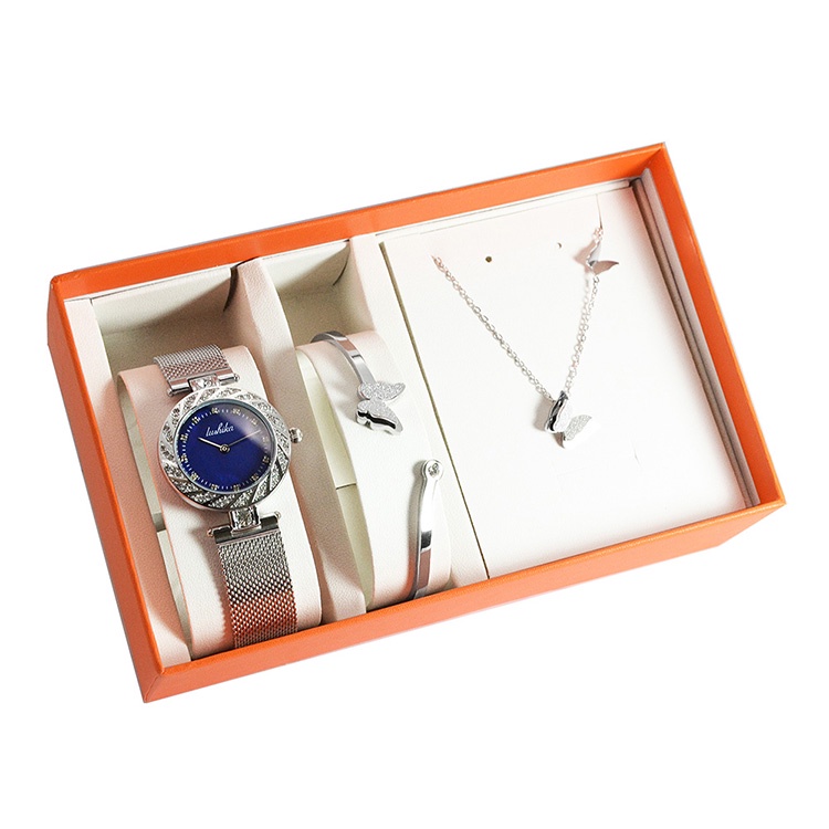 LUSHIKA 計師品牌手錶 - 晶鑽藍面x白鋼米蘭腕錶 女錶+飾品禮盒套組-玫瑰金017N