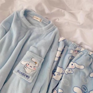 臺北出貨超優品質玉桂狗睡衣女秋冬季新款ins風珊瑚絨套頭網紅可愛大耳狗保暖套裝