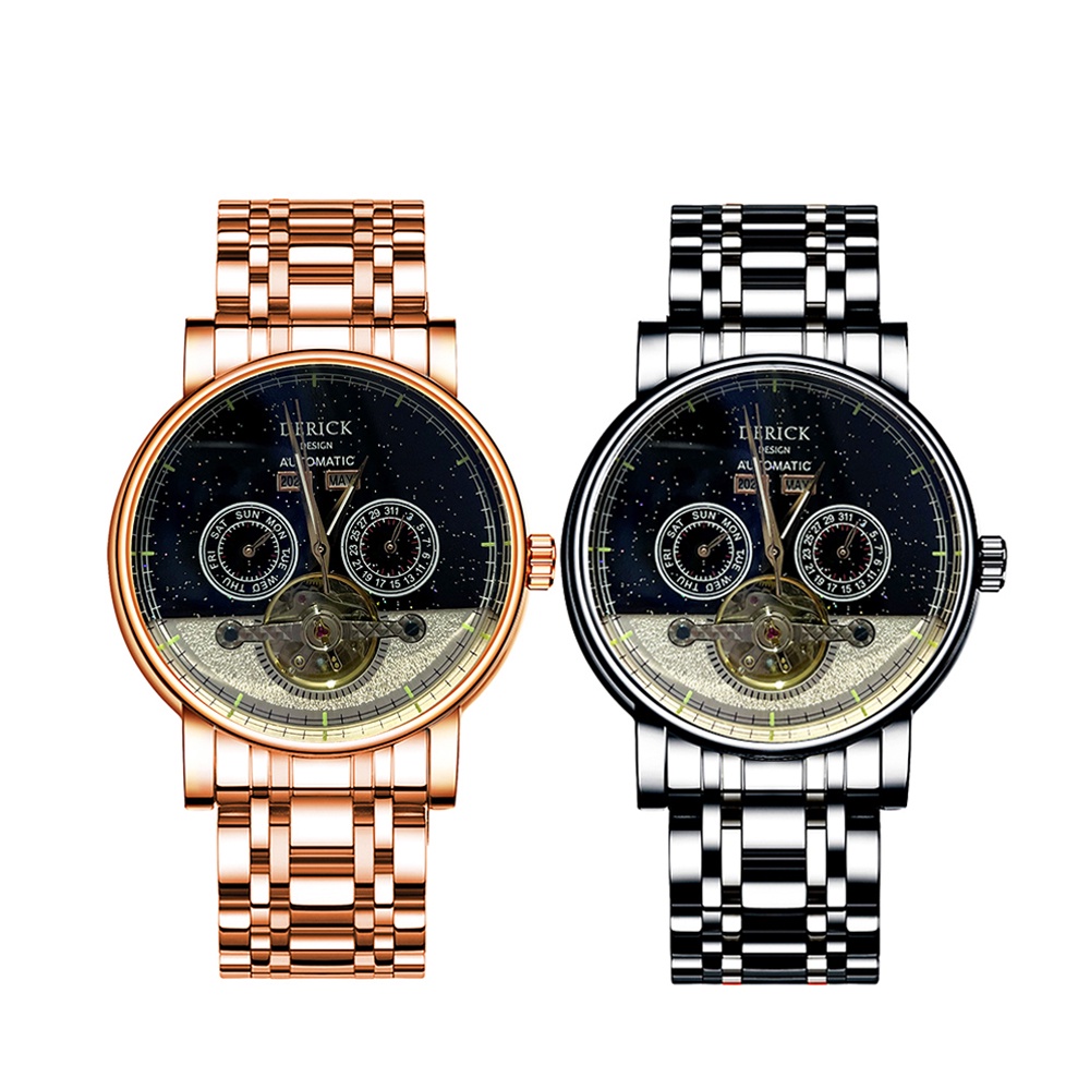 Derick 德理克 男手錶 指針式 機械錶 鏤空 金屬錶款 自動上鍊 鐵帶錶 日月星辰 帶日期年份 兩眼功能