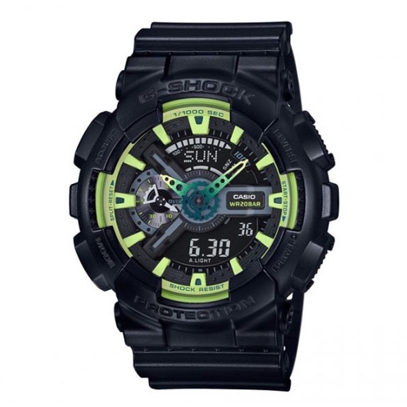 CASIO卡西歐 男 G-SHOCK 新潮流迷彩萊姆綠運動指針數位雙顯橡膠腕錶(GA-110LY-1A)