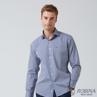 【robina羅彼納】 寮國製 型男必備格紋 休閒長袖襯衫 vfl60-37藍
