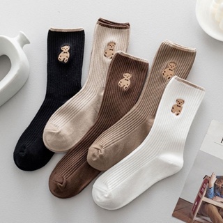 可愛卡通泰迪熊中筒襪棉襪透氣時尚街頭成人襪