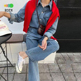 ROVE【小眾不撞衫】正韓韓國chic秋季法式復古翻領單排扣收腰顯瘦長袖水洗牛仔連身褲長褲