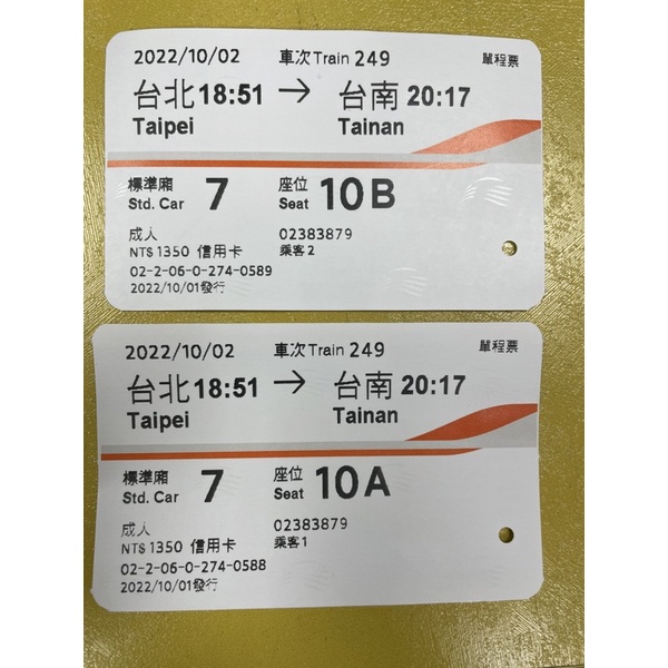 高鐵票根 收藏用 10/2 249 車次 台北到台南 標準車廂