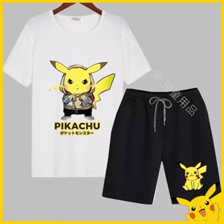寶可夢 兒童套裝 短袖+短褲 夏季新款日系動漫衣服 皮卡丘運動套 兩件套 中大童男童女童卡通加肥加大尺碼五分褲熱褲