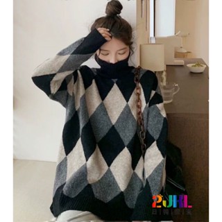 #1021121 韓版高領慵懶菱格撞色針織上衣 法式學院風格紋長袖針織衫 質感格子毛衣針織上衣