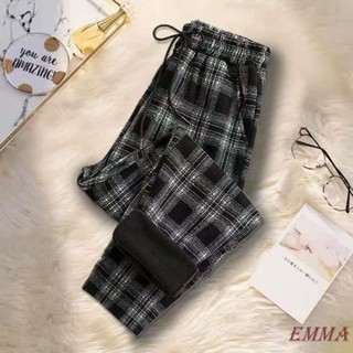EMMA大尺碼 休閒褲 長褲 大碼女裝冬季加絨加厚高腰格子寬松休閑褲 200斤胖妹妹時尚哈倫褲