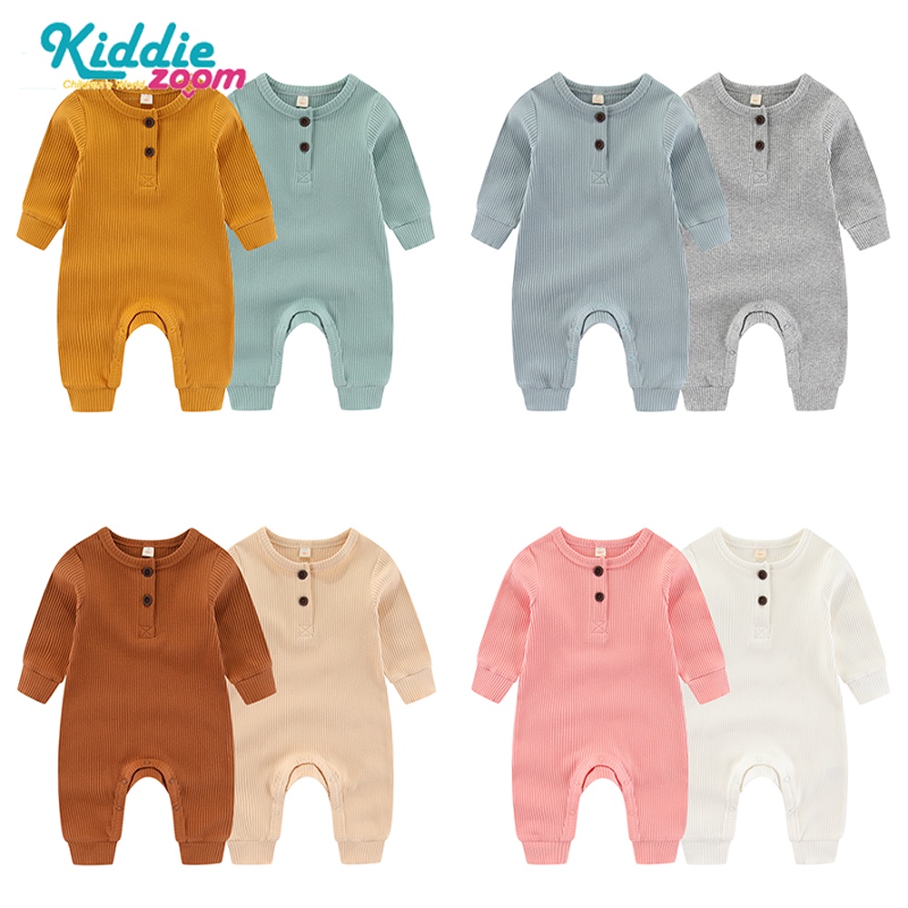 Kiddiezoom 2件/組春秋素色坑條長袖嬰兒連身衣 棉質新生兒連身衣 3-24個月嬰兒衣服